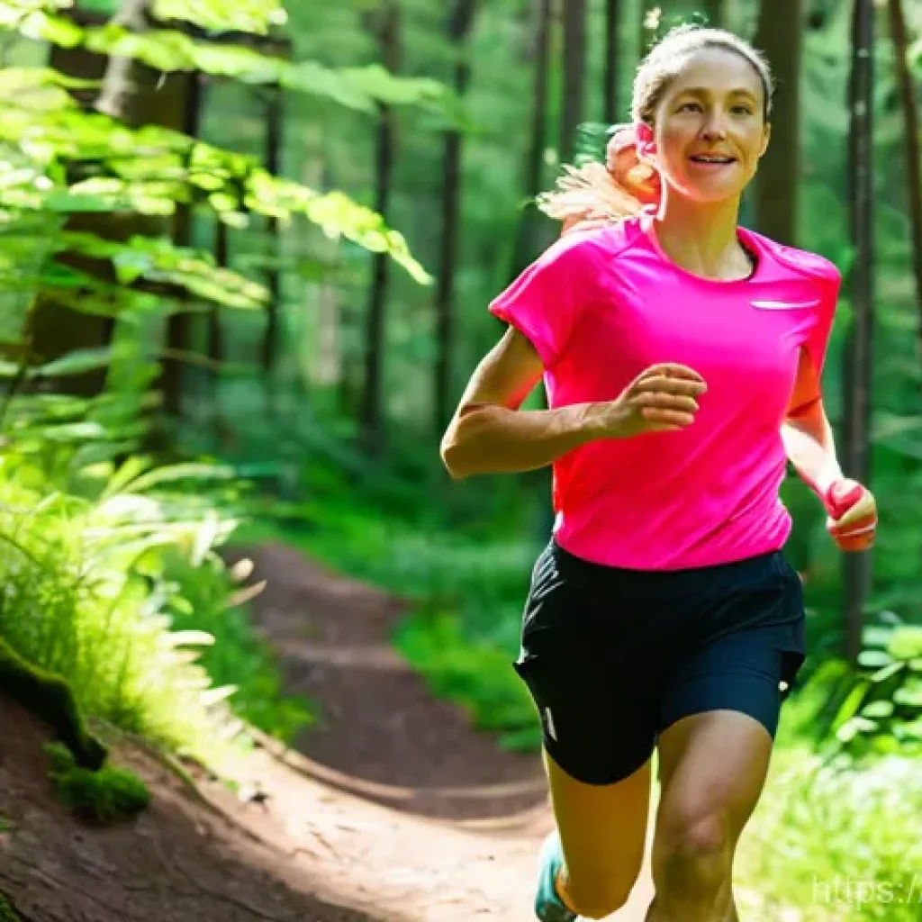 러닝 중 필요한 응급 처치 키트 - **Prompt:** A dynamic, wide shot of a female trail runner, approximately 30 years old, in athletic r...