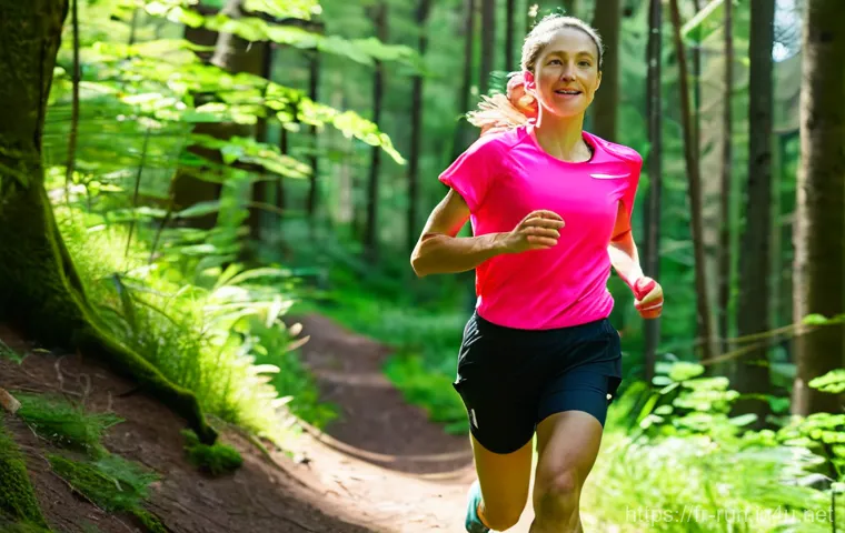 러닝 중 필요한 응급 처치 키트 - **Prompt:** A dynamic, wide shot of a female trail runner, approximately 30 years old, in athletic r...