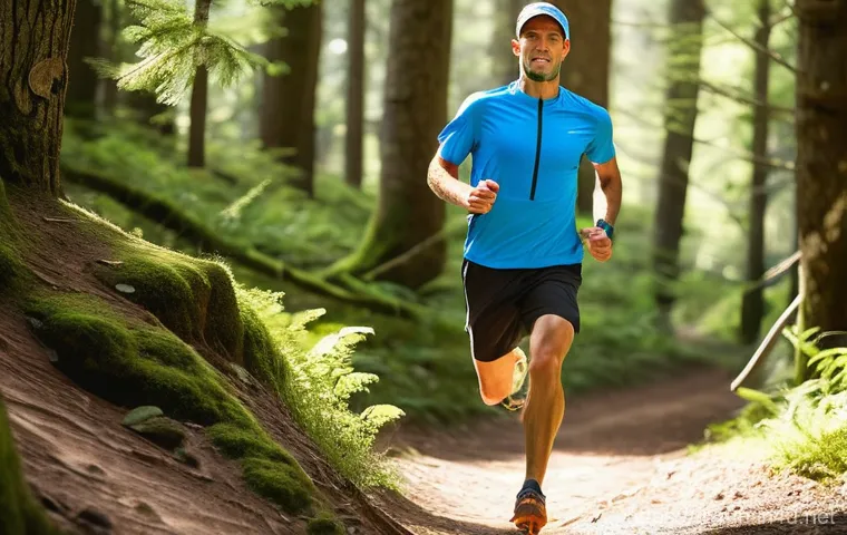 러닝 중 필요한 응급 처치 키트 - **Prompt:** A dynamic, wide shot of a female trail runner, approximately 30 years old, in athletic r...