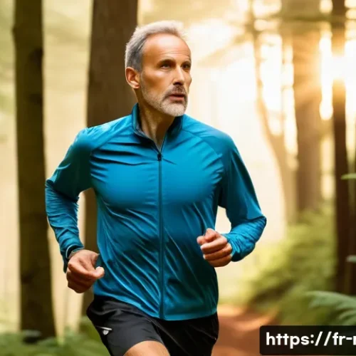 러닝 중급자 훈련 프로그램 - A serene outdoor running scene featuring a middle-aged French runner jogging along a scenic forest t...
