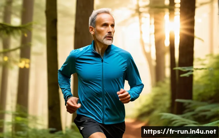러닝 중급자 훈련 프로그램 - A serene outdoor running scene featuring a middle-aged French runner jogging along a scenic forest t...