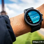 러닝 워치 피트니스 트래킹 기능 분석 - A detailed close-up of a modern sports smartwatch on a wrist during intense running, showcasing adva...