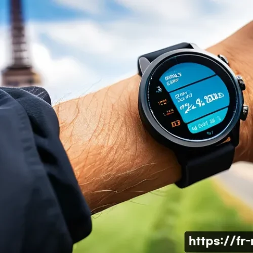 러닝 워치 피트니스 트래킹 기능 분석 - A detailed close-up of a modern sports smartwatch on a wrist during intense running, showcasing adva...