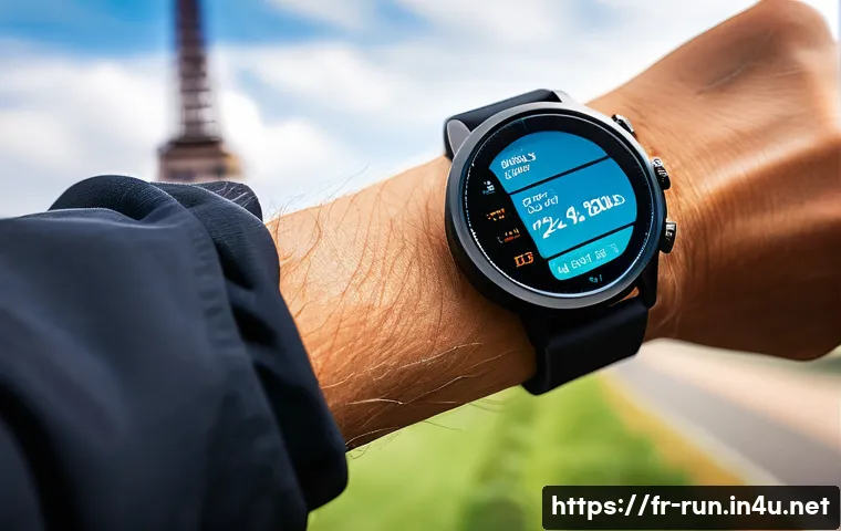 러닝 워치 피트니스 트래킹 기능 분석 - A detailed close-up of a modern sports smartwatch on a wrist during intense running, showcasing adva...