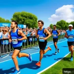 러닝 대회 스폰서십 프로그램 - A vibrant outdoor running event in a scenic French city park, featuring diverse amateur and professi...