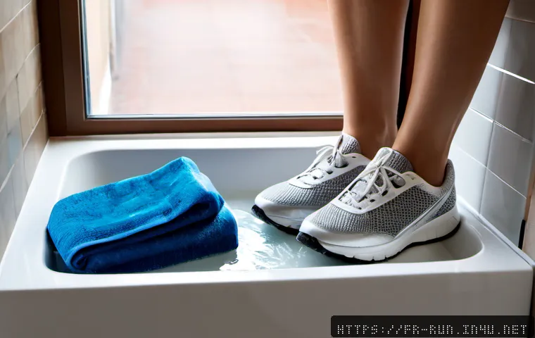 러닝화 소재별 세탁법 - Photorealistic French apartment laundry area, a pair of breathable mesh running shoes being gently h...