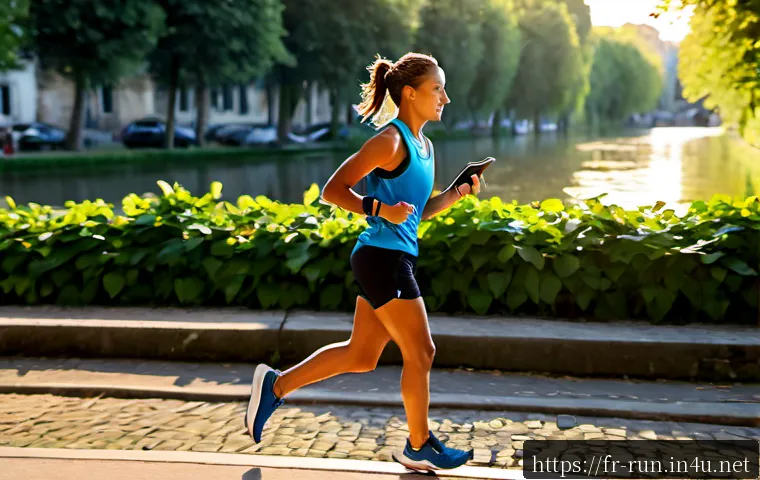 Home 17 러닝 음악 추천 플레이리스트 - Photorealistic early-morning runner wearing modest athletic clothing and wireless earbuds, jogging a...